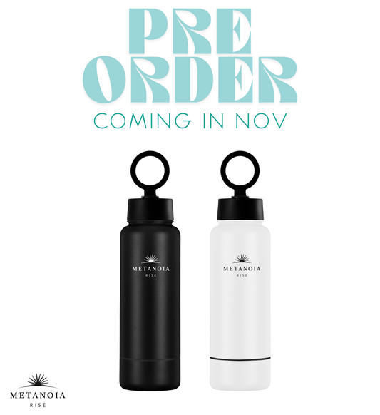 PRE ORDER! Metanoia Rise 32 oz Water Bottle with 8 oz Bottom Storage & Magnetic Phone Holder Lid