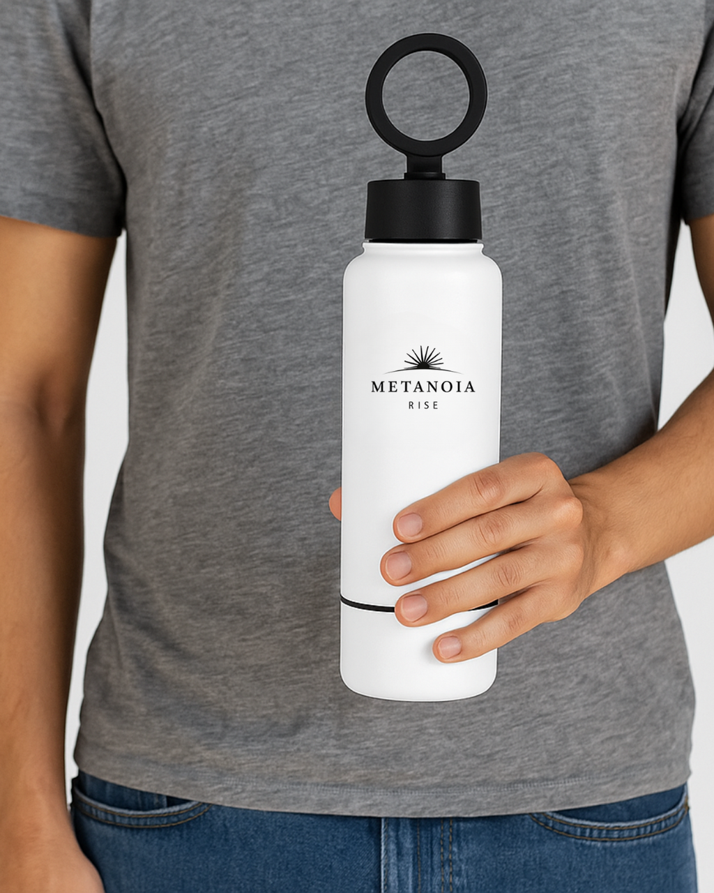 Metanoia Rise 32 oz Water Bottle with 8 oz Bottom Storage & Magnetic Phone Holder Lid