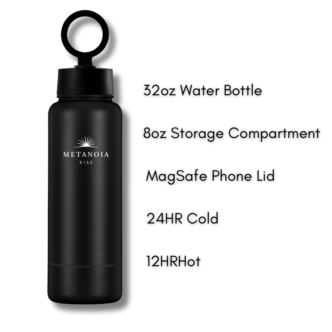 Metanoia Rise 32 oz Water Bottle with 8 oz Bottom Storage & Magnetic Phone Holder Lid