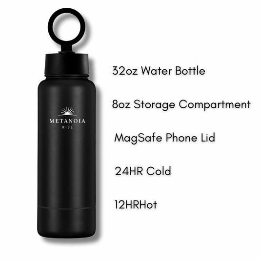 Metanoia Rise 32 oz Water Bottle with 8 oz Bottom Storage & Magnetic Phone Holder Lid