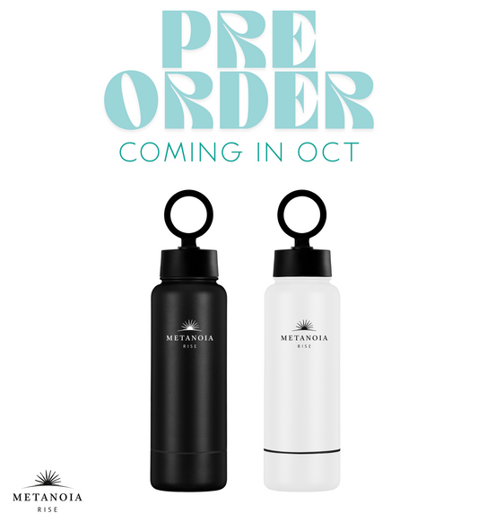 PRE ORDER! Metanoia Rise 32 oz Water Bottle with 8 oz Bottom Storage & Magnetic Phone Holder Lid